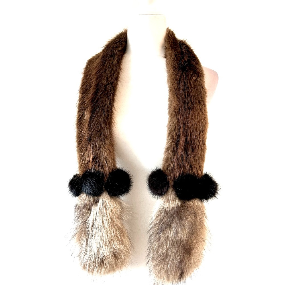 Custom Made Fur Scarf in Brown, Tan with Black Pom Pom’s